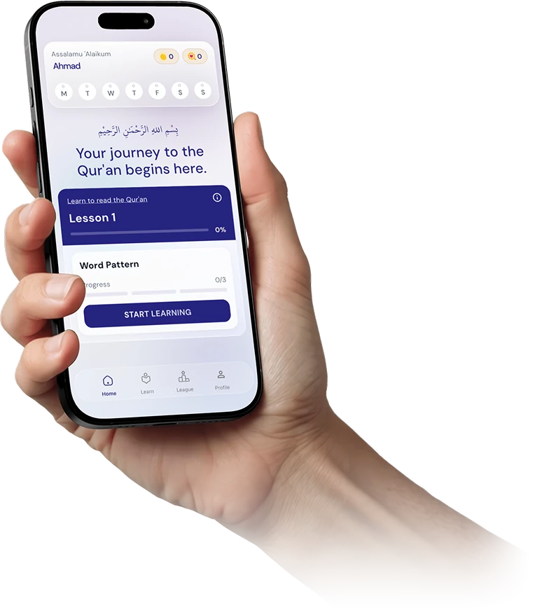 Hand holding a smartphone with the German Method app: home screen “Your journey to the Qur’an begins here.” with Lesson 1